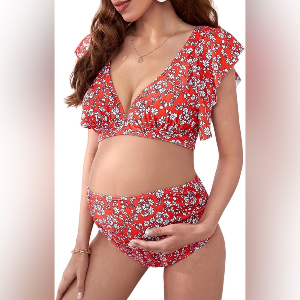 MakeMeChic Maternity Two Piece Swimsuit Floral Ruffle Sleeve High Waisted Bikini